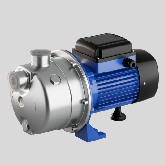 A stainless steel jet pump with a blue motor housing and black details.