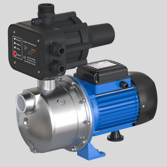 Industrial pump with black, blue, and silver components on a gray background